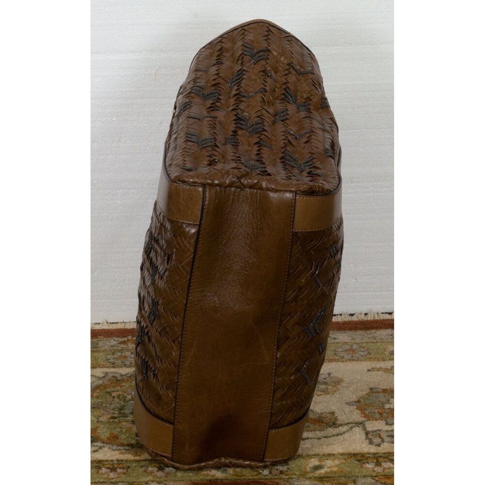 $6995 BRUNELLO CUCINELLI LEATHER LARGE TOTE BAAG WITH MONILI CHAIN DETAIL BROWN - Picture 7 of 9